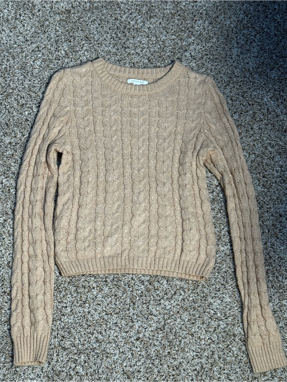 American Eagle Outfitters Beige Cable Knit Crewneck Sweater